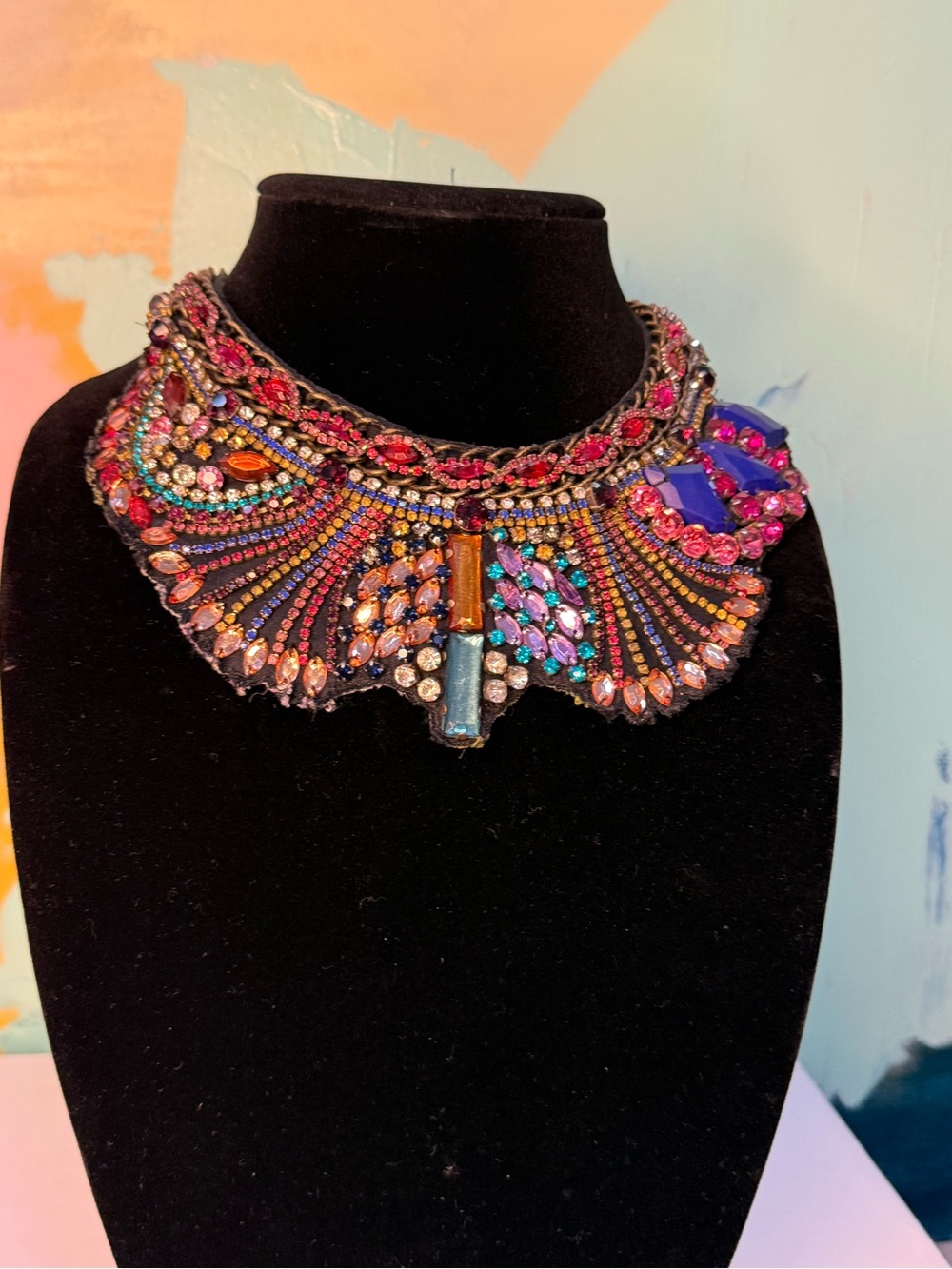 Anthropologie Multicolor Crystal Bib Necklace — Pink, Blue, Purple, Gold Accents